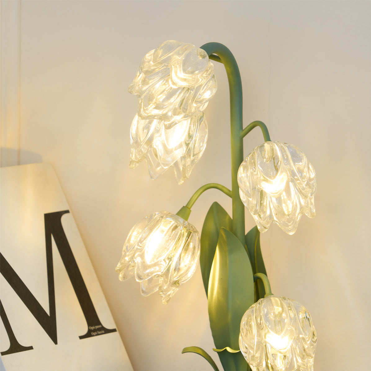 Floral Glass Shade Accent Lamp 7 Inch Green Stem Bedroom Nightstand Light Living Room Decorative Lighting Home Decor Indoor Small Bulb