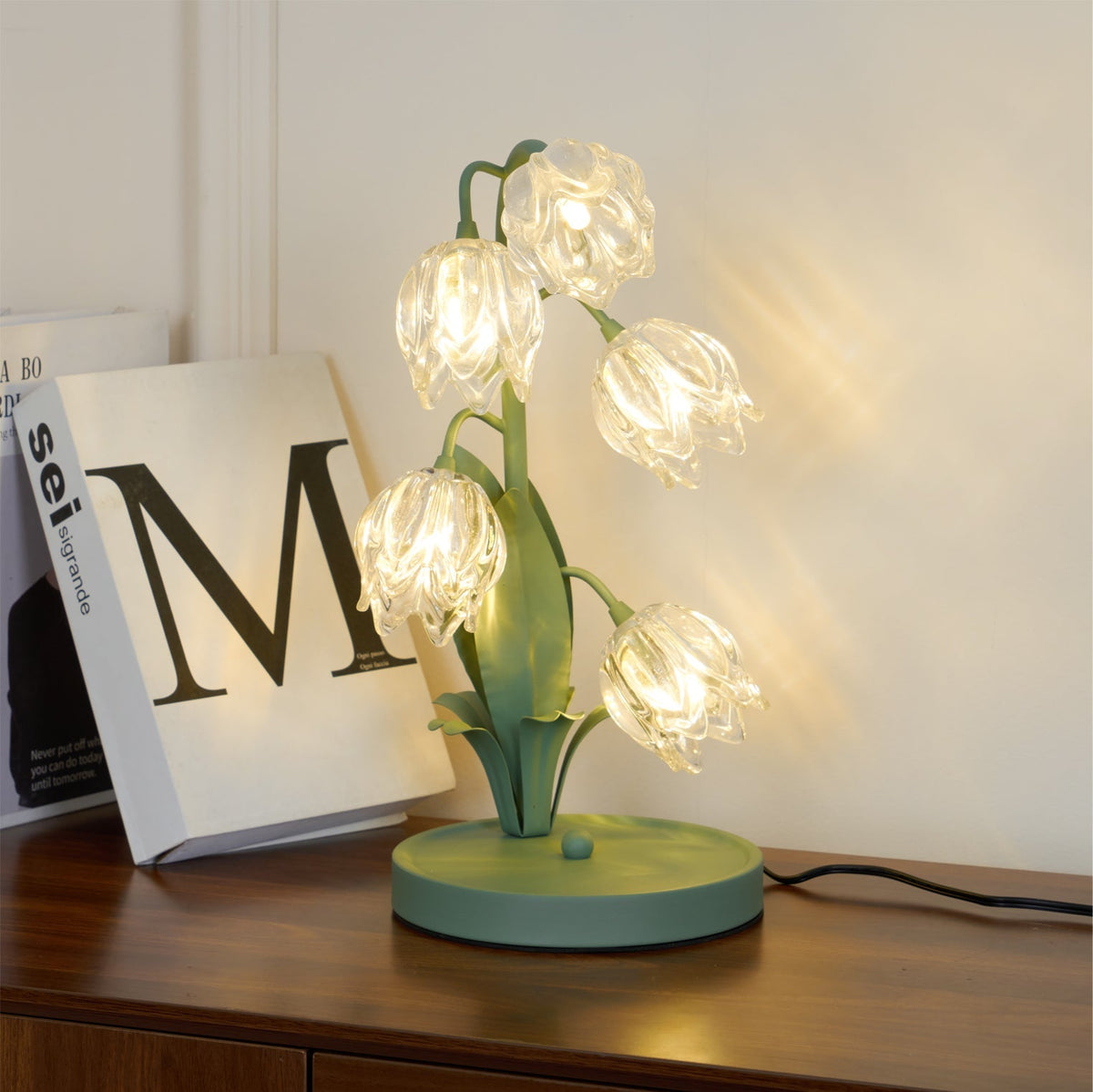 Floral Glass Shade Accent Lamp 7 Inch Green Stem Bedroom Nightstand Light Living Room Decorative Lighting Home Decor Indoor Small Bulb