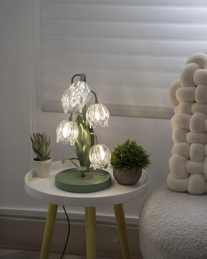 Floral Glass Shade Accent Lamp 7 Inch Green Stem Bedroom Nightstand Light Living Room Decorative Lighting Home Decor Indoor Small Bulb