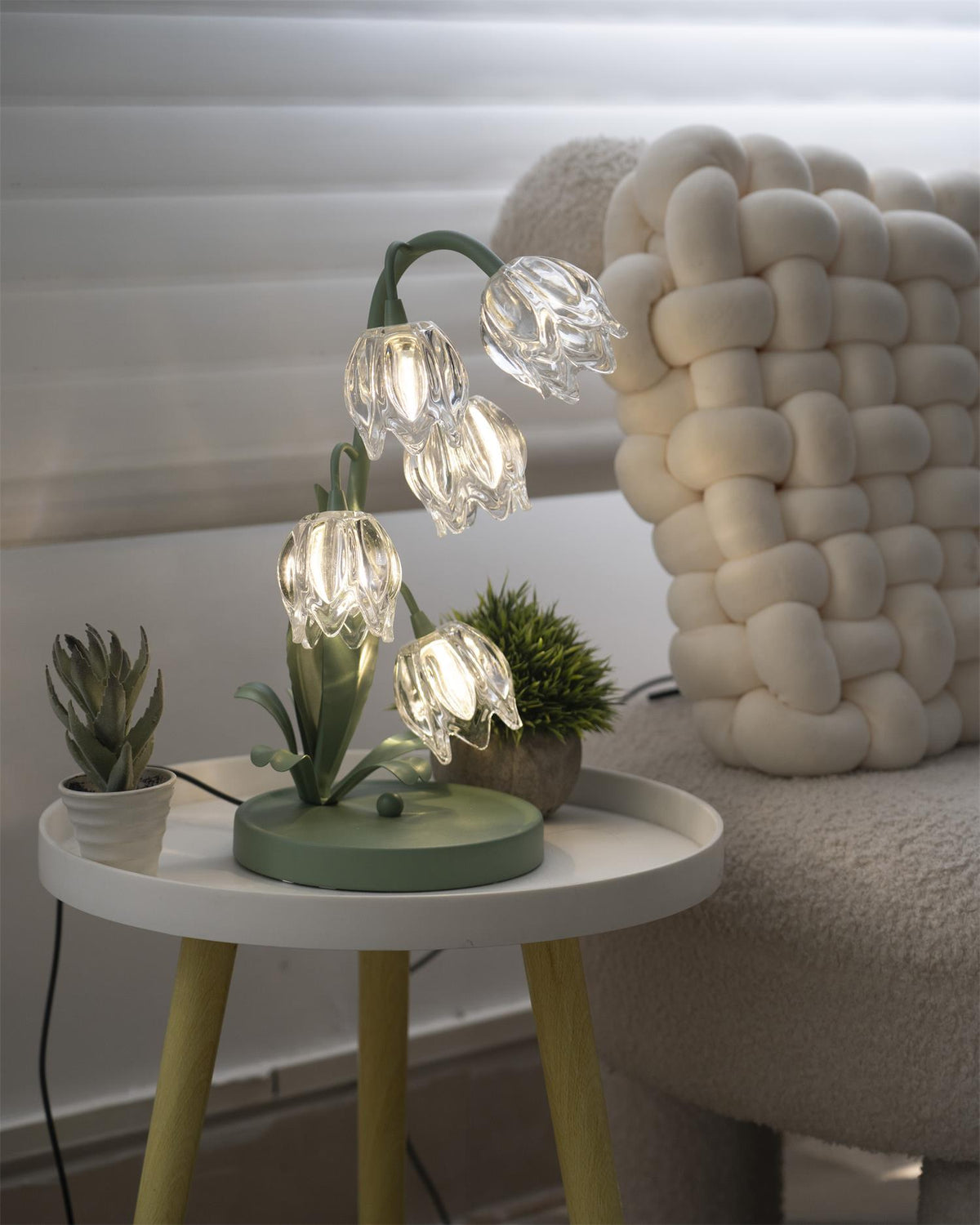 Floral Glass Shade Accent Lamp 7 Inch Green Stem Bedroom Nightstand Light Living Room Decorative Lighting Home Decor Indoor Small Bulb