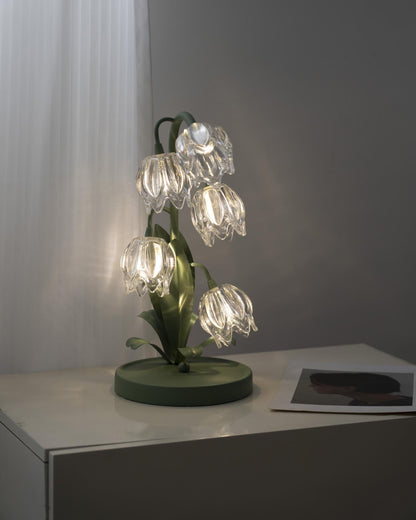Floral Glass Shade Accent Lamp 7 Inch Green Stem Bedroom Nightstand Light Living Room Decorative Lighting Home Decor Indoor Small Bulb