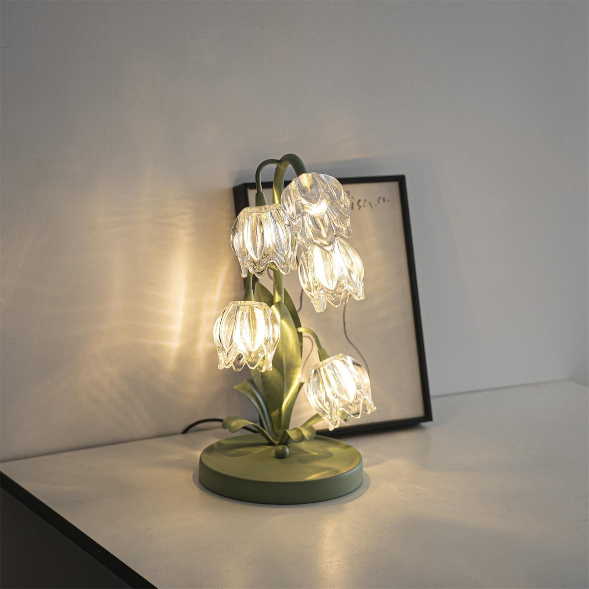 Floral Glass Shade Accent Lamp 7 Inch Green Stem Bedroom Nightstand Light Living Room Decorative Lighting Home Decor Indoor Small Bulb