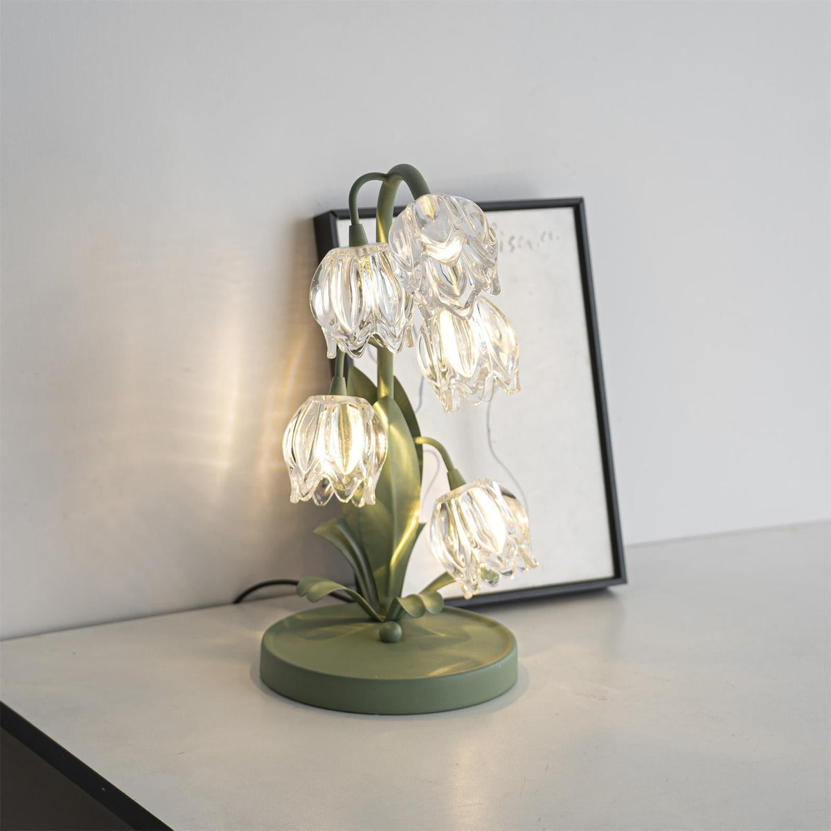 Floral Glass Shade Accent Lamp 7 Inch Green Stem Bedroom Nightstand Light Living Room Decorative Lighting Home Decor Indoor Small Bulb