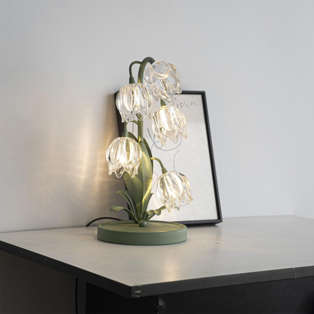 Floral Glass Shade Accent Lamp 7 Inch Green Stem Bedroom Nightstand Light Living Room Decorative Lighting Home Decor Indoor Small Bulb