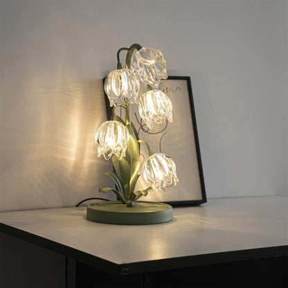 Floral Glass Shade Accent Lamp 7 Inch Green Stem Bedroom Nightstand Light Living Room Decorative Lighting Home Decor Indoor Small Bulb