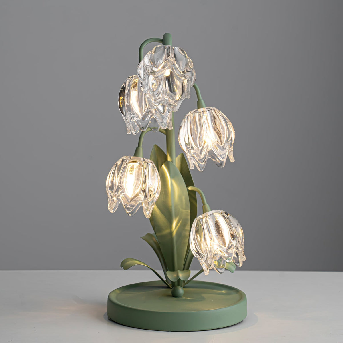 Floral Glass Shade Accent Lamp 7 Inch Green Stem Bedroom Nightstand Light Living Room Decorative Lighting Home Decor Indoor Small Bulb