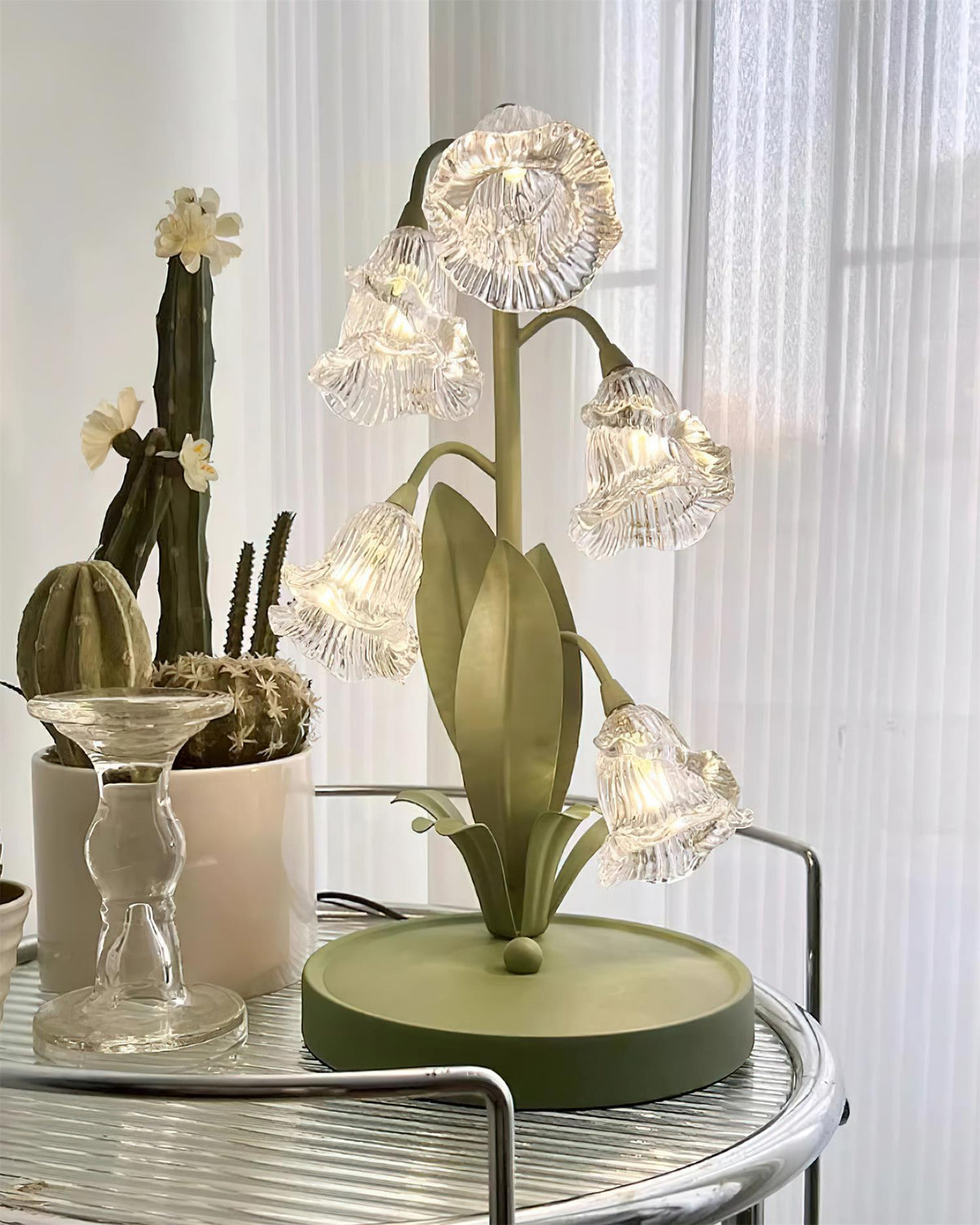 Floral Glass Shade Accent Lamp 7 Inch Green Stem Bedroom Nightstand Light Living Room Decorative Lighting Home Decor Indoor Small Bulb