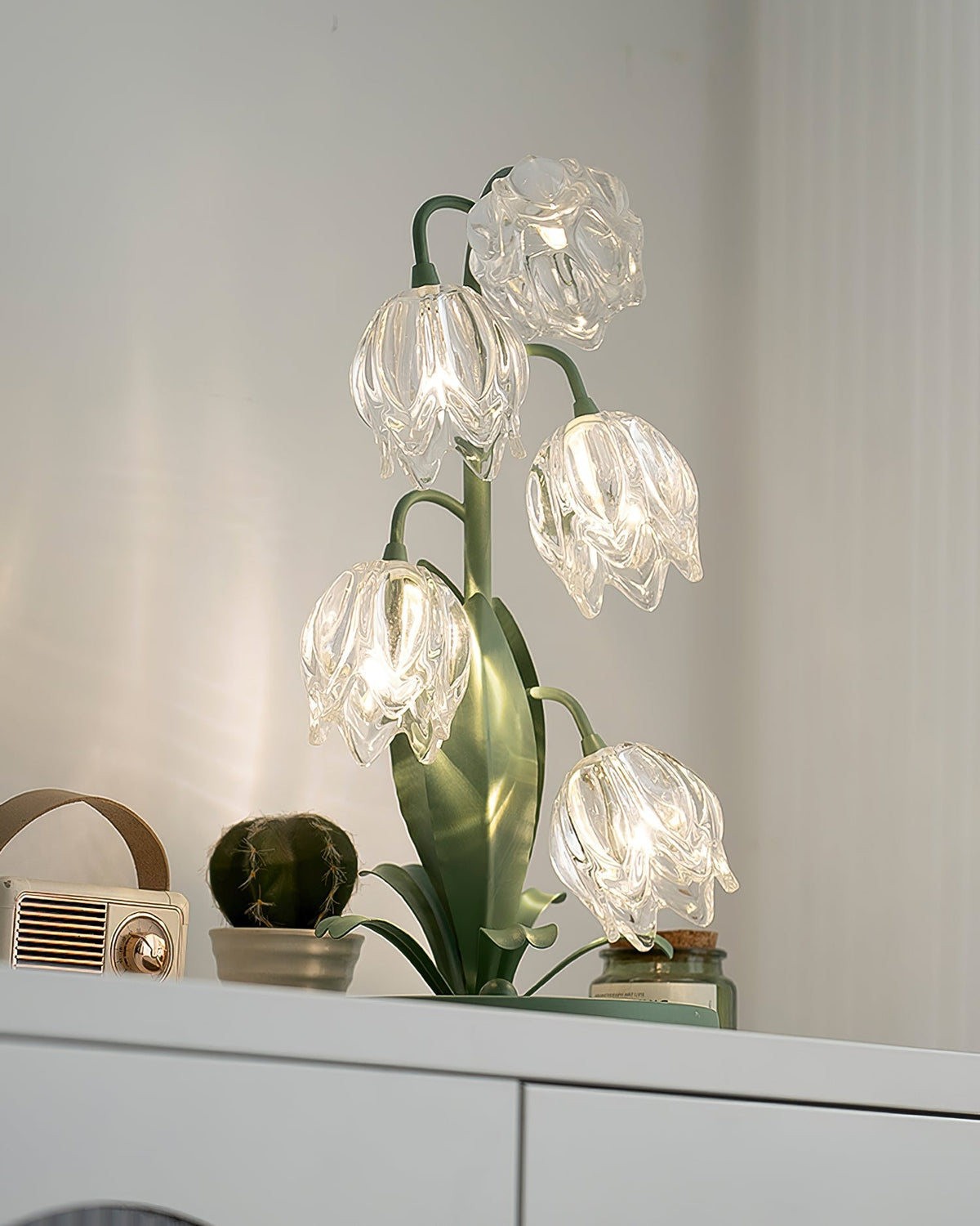 Floral Glass Shade Accent Lamp 7 Inch Green Stem Bedroom Nightstand Light Living Room Decorative Lighting Home Decor Indoor Small Bulb