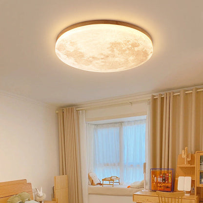 Round Flush Mount LED Ceiling Light with Lunar Surface Design Wood & Acrylic 19 in Diameter for Bedrooms Living Rooms Hallways Modern Ambien