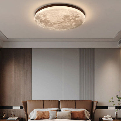 Round Flush Mount LED Ceiling Light with Lunar Surface Design Wood & Acrylic 19 in Diameter for Bedrooms Living Rooms Hallways Modern Ambien