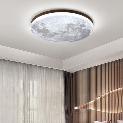 Round Flush Mount LED Ceiling Light with Lunar Surface Design Wood & Acrylic 19 in Diameter for Bedrooms Living Rooms Hallways Modern Ambien