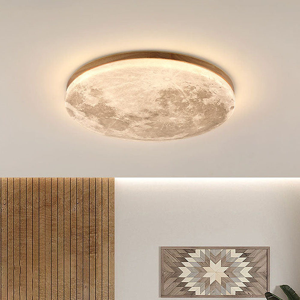 Round Flush Mount LED Fixture Moon Surface Wood & Acrylic 19 in Diameter Low Profile for Bedroom Living Room Hallway Ambient Lighting Japand