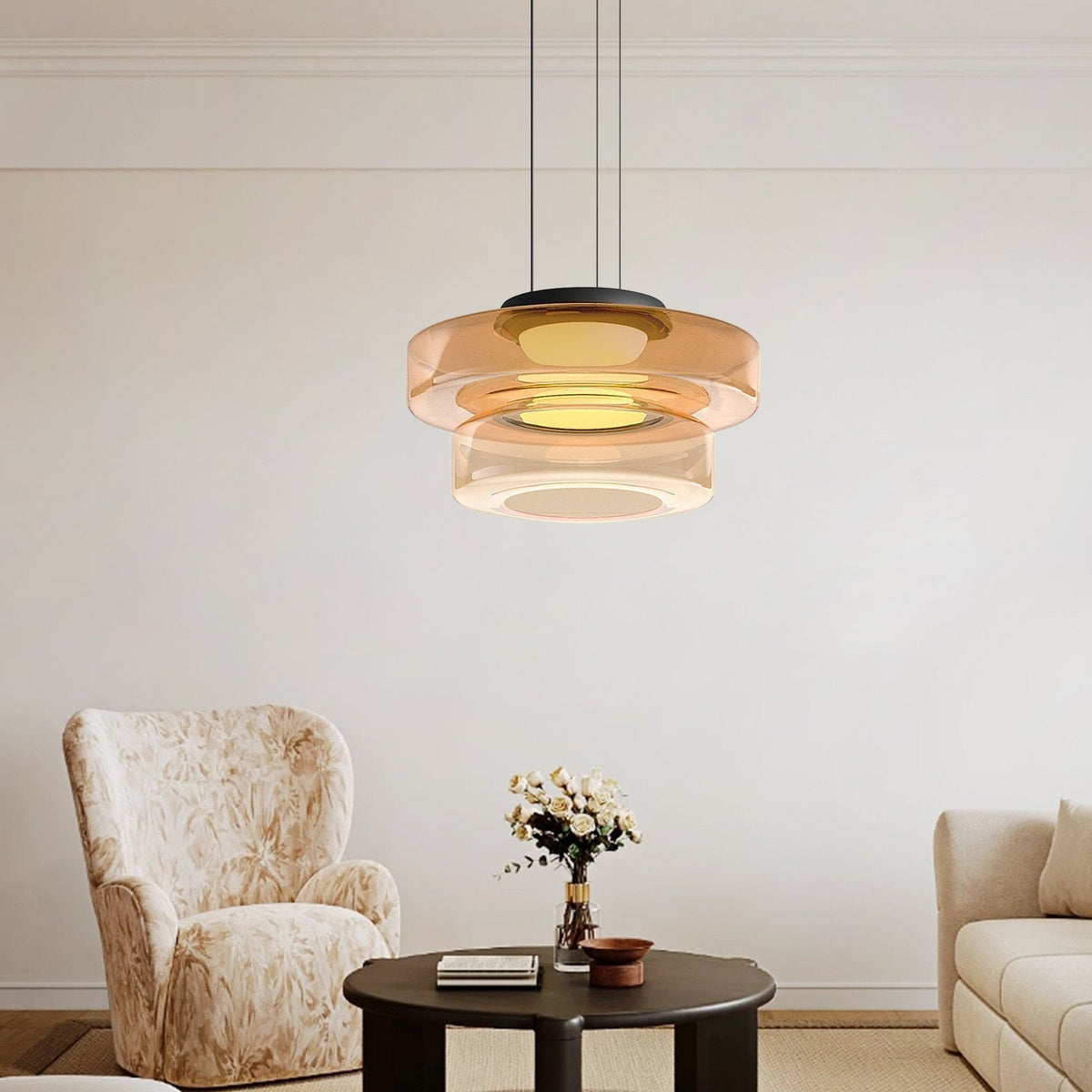 Tiered Glass Hanging Fixture 12 in Amber for Dining Tables Kitchen Islands Contemporary Statement Overhead Illumination