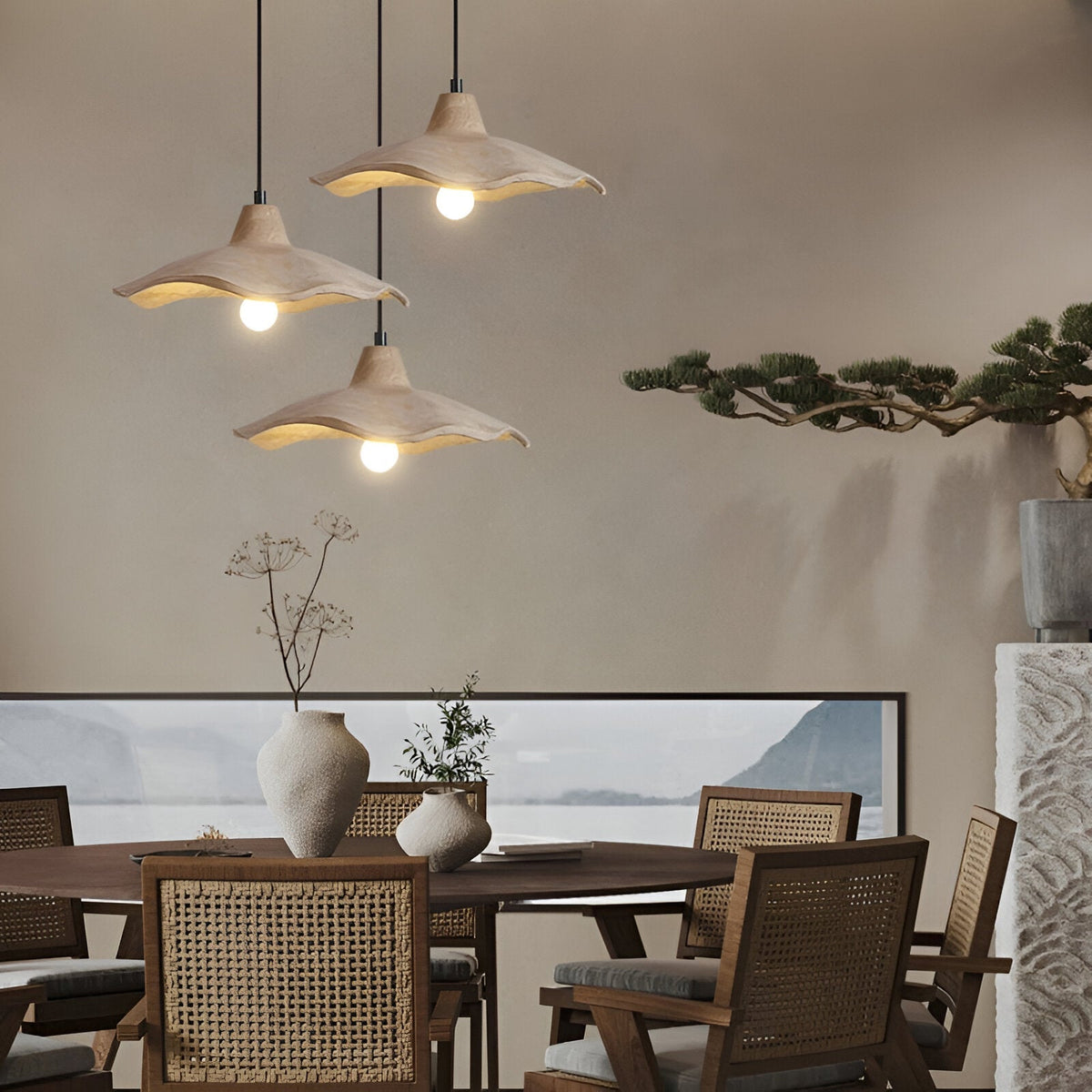 Suspension en béton 16 pouces, forme pétale organique, style Wabi-Sabi pour salle à manger, îlot de cuisine, chambre, cordon réglable, compatible LED, moderne