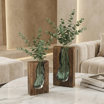 Vase en verre Nordic Live Edge avec base en bois naturel – Vase à fleurs moderne pour une décoration intérieure élégante
