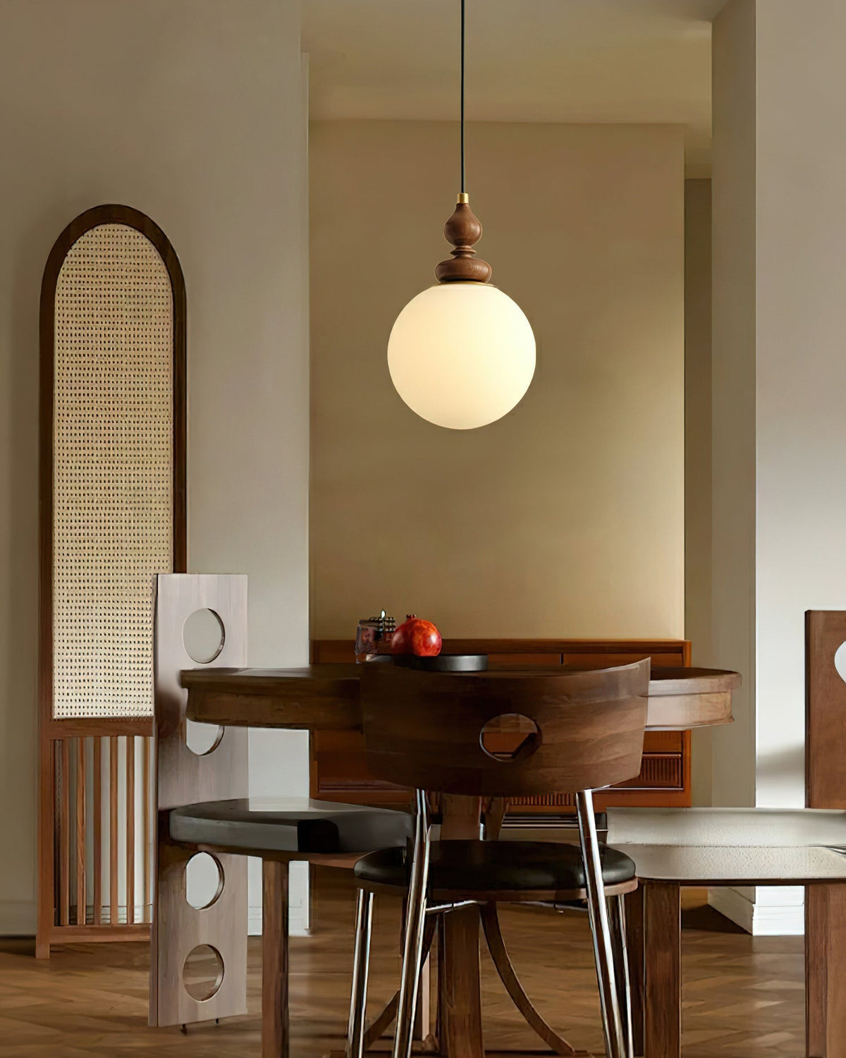 Frosted Glass Globe Hanging Fixture with Natural Wood Canopy 7 Inch Shade Adjustable Cord Kitchen Island Entryway Bedroom Dining Area Modern