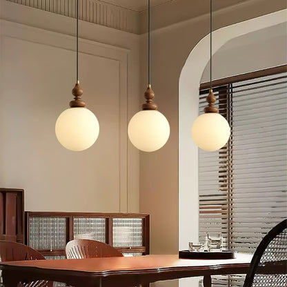 Frosted Glass Globe Hanging Fixture with Natural Wood Canopy 7 Inch Shade Adjustable Cord Kitchen Island Entryway Bedroom Dining Area Modern