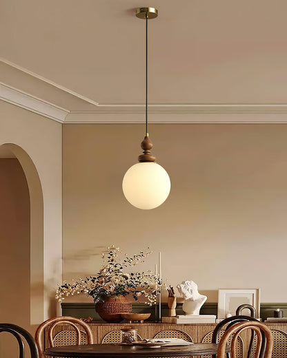 Frosted Glass Globe Hanging Fixture with Natural Wood Canopy 7 Inch Shade Adjustable Cord Kitchen Island Entryway Bedroom Dining Area Modern