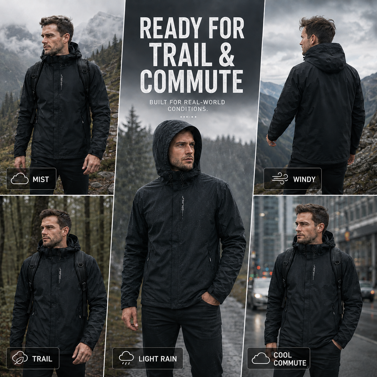 Veste de pluie légère zippée à capuche – Coupe-vent respirant pour homme
