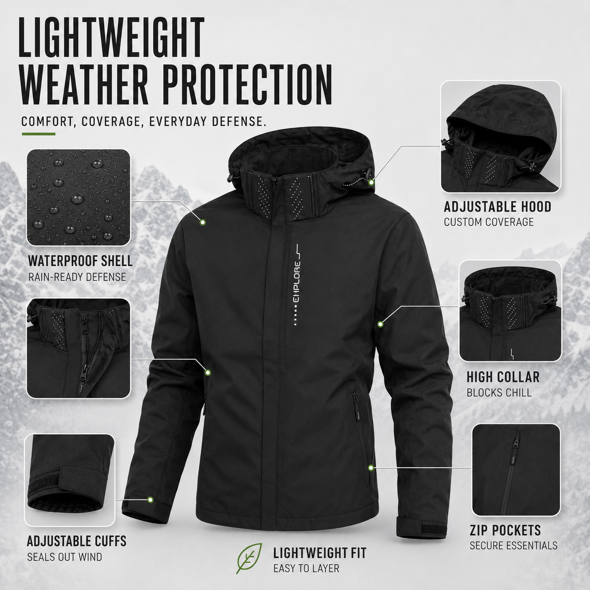 Veste de pluie légère zippée à capuche – Coupe-vent respirant pour homme