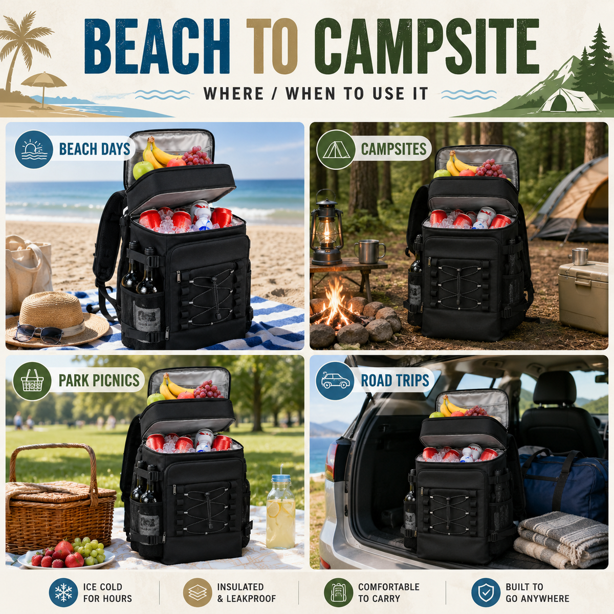 Thermal Backpack Cooler with Dual Compartments & Bottle Pockets for Hiking and Picnics