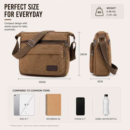 Canvas Crossbody Satchel - Adjustable Strap Shoulder Bag with Zip Pockets for Daily Carry, Work & Travel