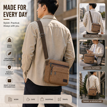 Canvas Crossbody Satchel - Adjustable Strap Shoulder Bag with Zip Pockets for Daily Carry, Work & Travel