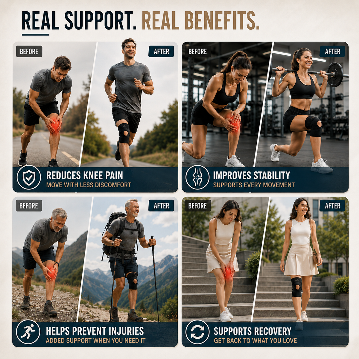 Genouillère de compression ajustable avec stabilisateurs latéraux pour le soutien articulaire et le soulagement de la douleur