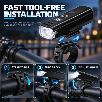 Rechargeable Bike Headlight with Auto-Sensing & Digital Battery Display for Cycling Safety