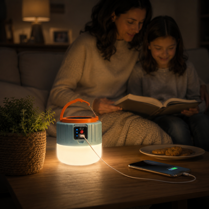Dual-Power LED Camp Lantern with Remote Control – Solar & USB Rechargeable, Waterproof, Phone Charger for Camping, Hiking, Emergencies &