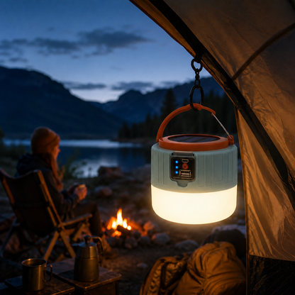 Dual-Power LED Camp Lantern with Remote Control – Solar & USB Rechargeable, Waterproof, Phone Charger for Camping, Hiking, Emergencies &