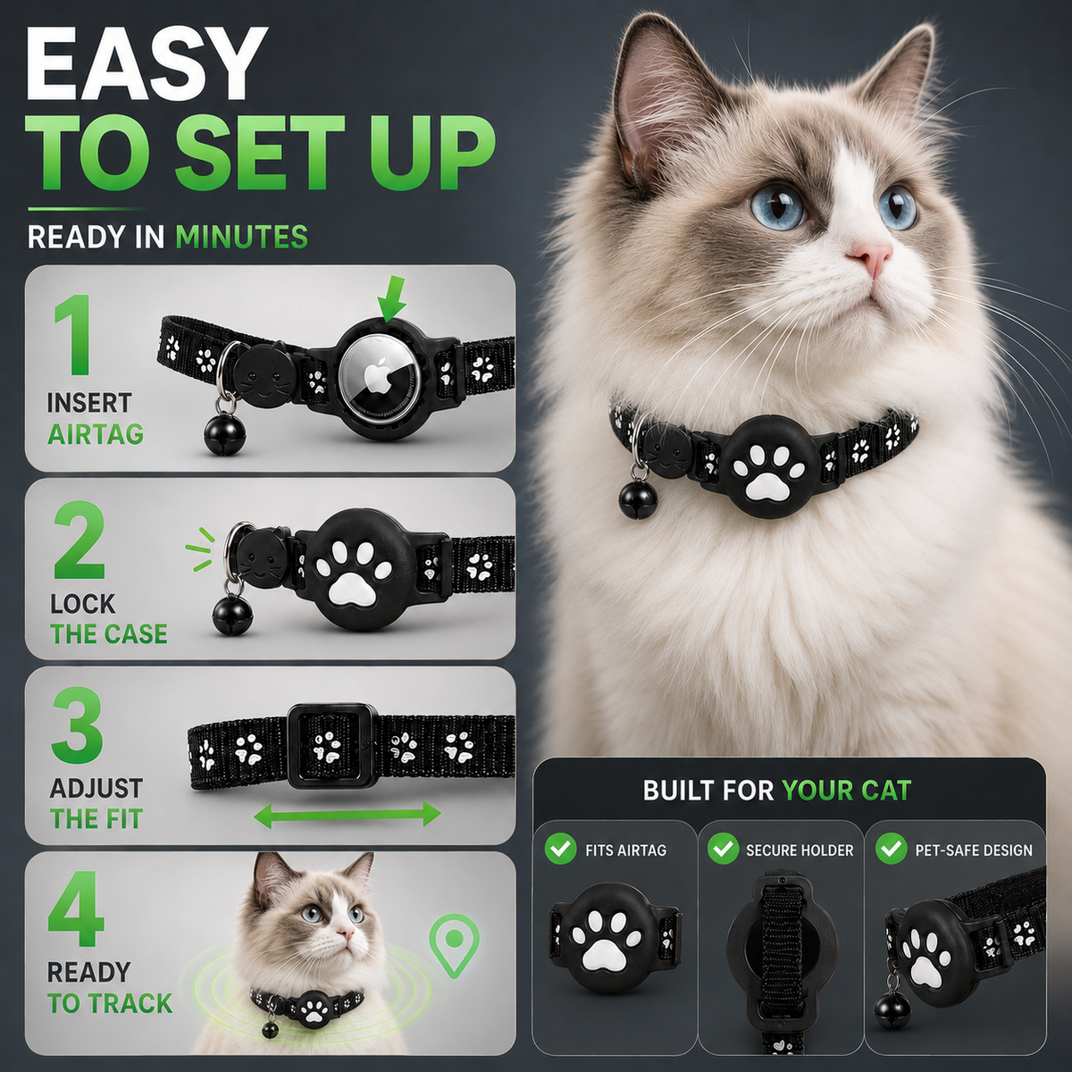 GPS Location Tracking Collar for Cats & Small Dogs with Reflective Safety Strap & App Control