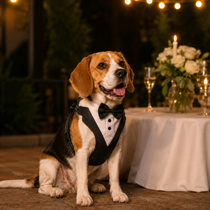 Dog Tuxedo Harness with Bow Tie for Weddings & Parties – Adjustable Vest Harness Small to Large Breeds – Formal Pet Outfit Costume