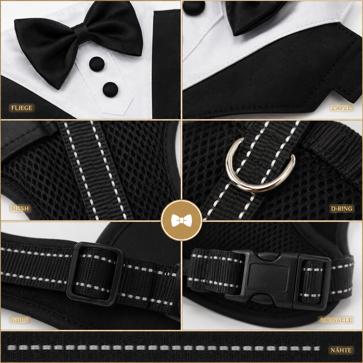 Dog Tuxedo Harness with Bow Tie for Weddings & Parties – Adjustable Vest Harness Small to Large Breeds – Formal Pet Outfit Costume