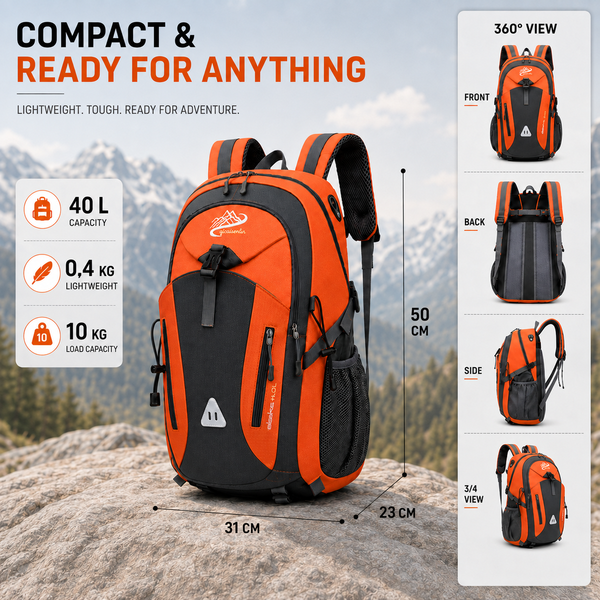 40L Outdoor Backpack with Padded Mesh Panels & Adjustable Straps for Hiking and Travel