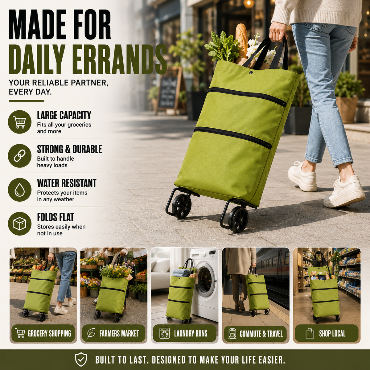 Collapsible Rolling Shopping Cart with Backpack Straps for Groceries & Errands