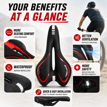 Pressure-Relief Bike Saddle with Center Channel for Road & Time Trial Cycling – Foam Cushion, Water-Resistant Cover, Standard Rail Mount