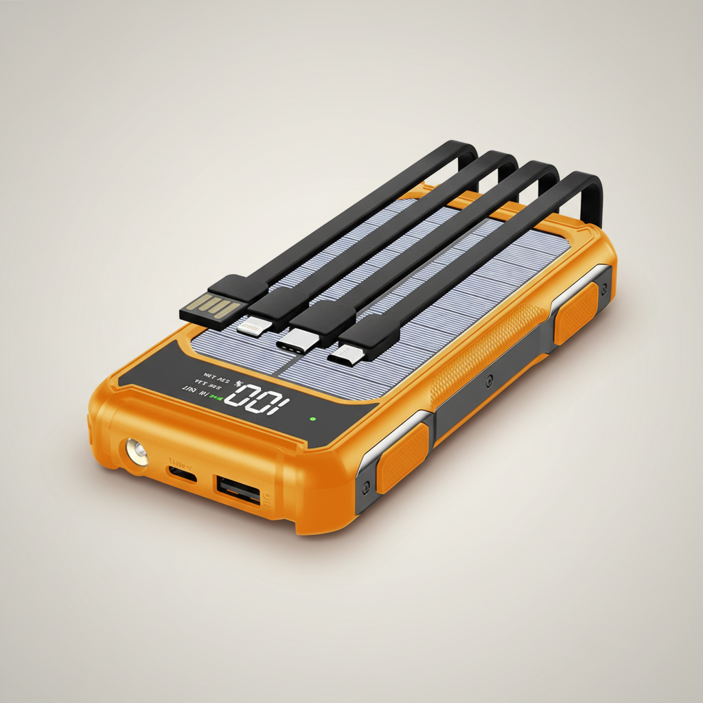Batterie externe solaire 10 000-20 000 mAh avec câbles intégrés et charge sans fil pour iPhone et Android – Batterie portable avec écran LED et