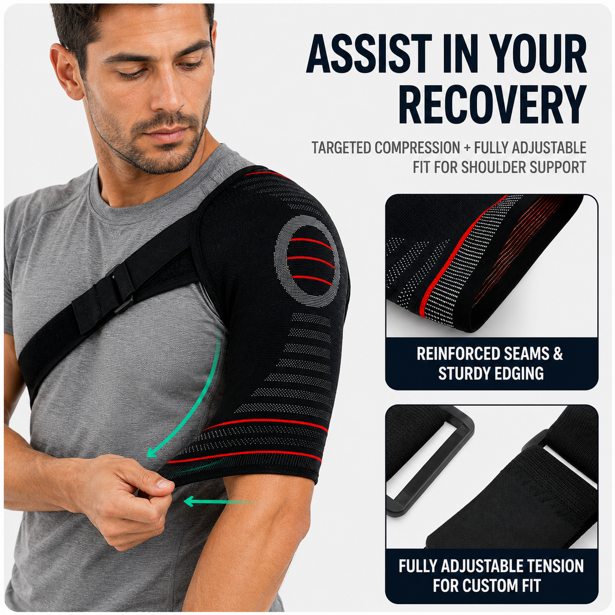 Rotator Cuff Brace with Adjustable Compression Straps for Shoulder Pain Relief & Joint Stability