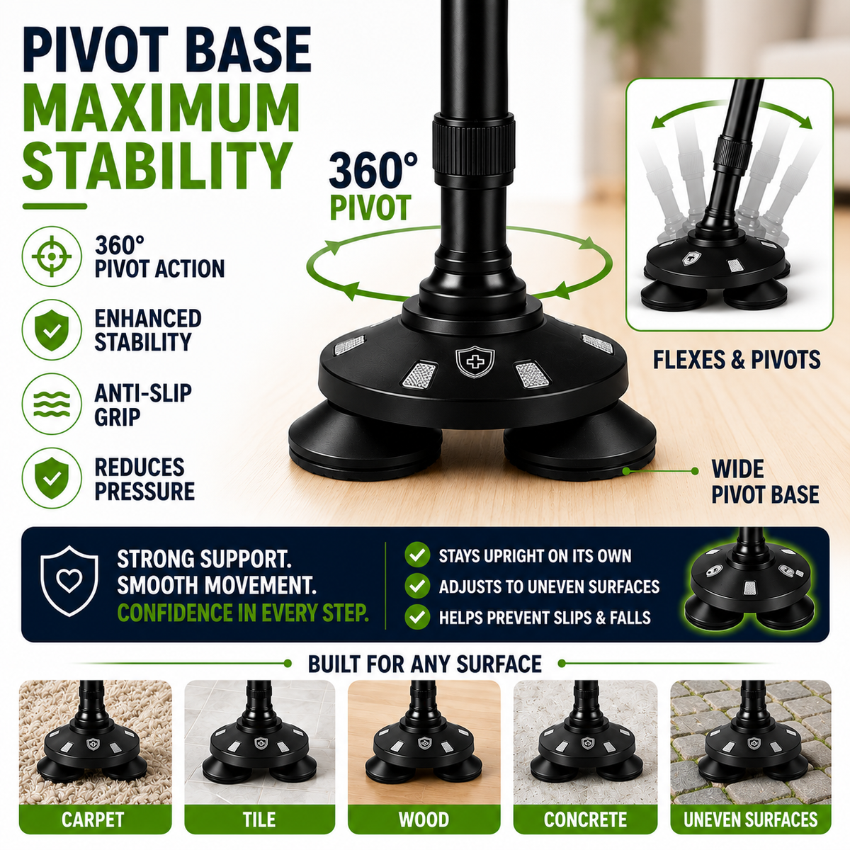 Quad-Base Folding Walking Cane with LED Light & Alarm for Stability, Balance Support & Mobility Aid