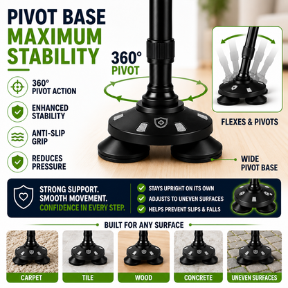 Quad-Base Folding Walking Cane with LED Light & Alarm for Stability, Balance Support & Mobility Aid