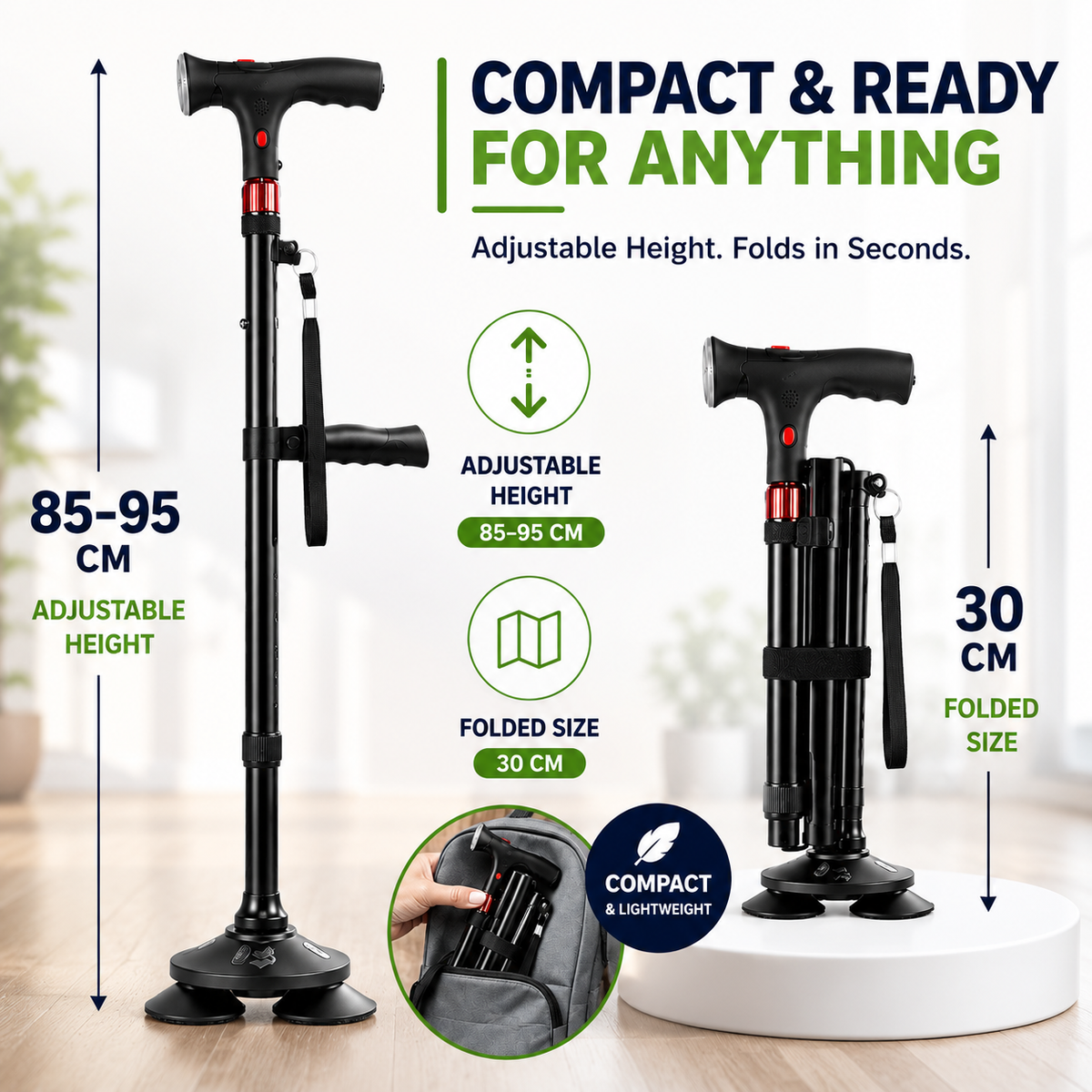 Quad-Base Folding Walking Cane with LED Light & Alarm for Stability, Balance Support & Mobility Aid