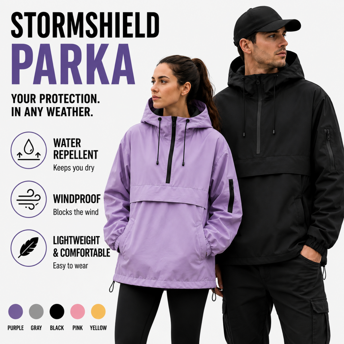 Weatherproof Half-Zip Windbreaker Jacket with Hood – Lightweight Water-Resistant Pullover for Men & Women