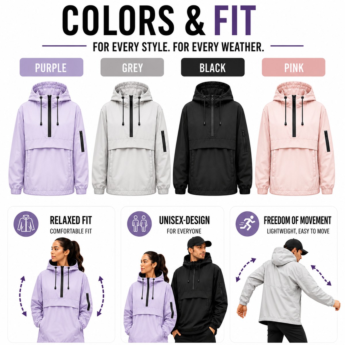 Weatherproof Half-Zip Windbreaker Jacket with Hood – Lightweight Water-Resistant Pullover for Men & Women