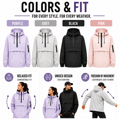 Weatherproof Half-Zip Windbreaker Jacket with Hood – Lightweight Water-Resistant Pullover for Men & Women
