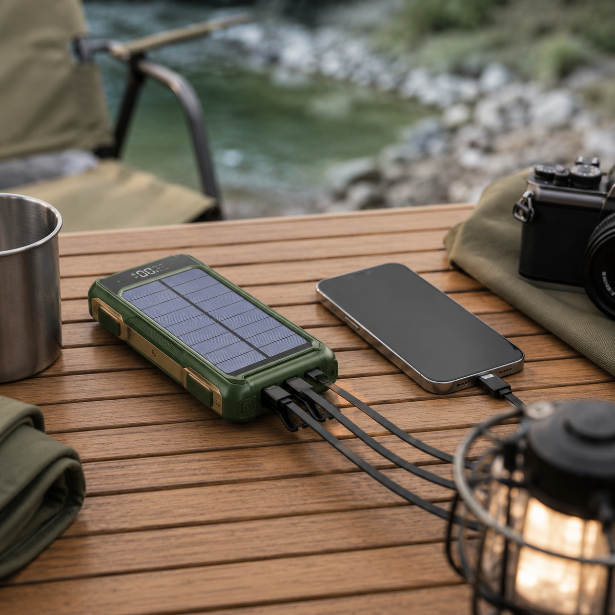 Batterie externe solaire 10 000-20 000 mAh avec câbles intégrés et charge sans fil pour iPhone et Android – Batterie portable avec écran LED et