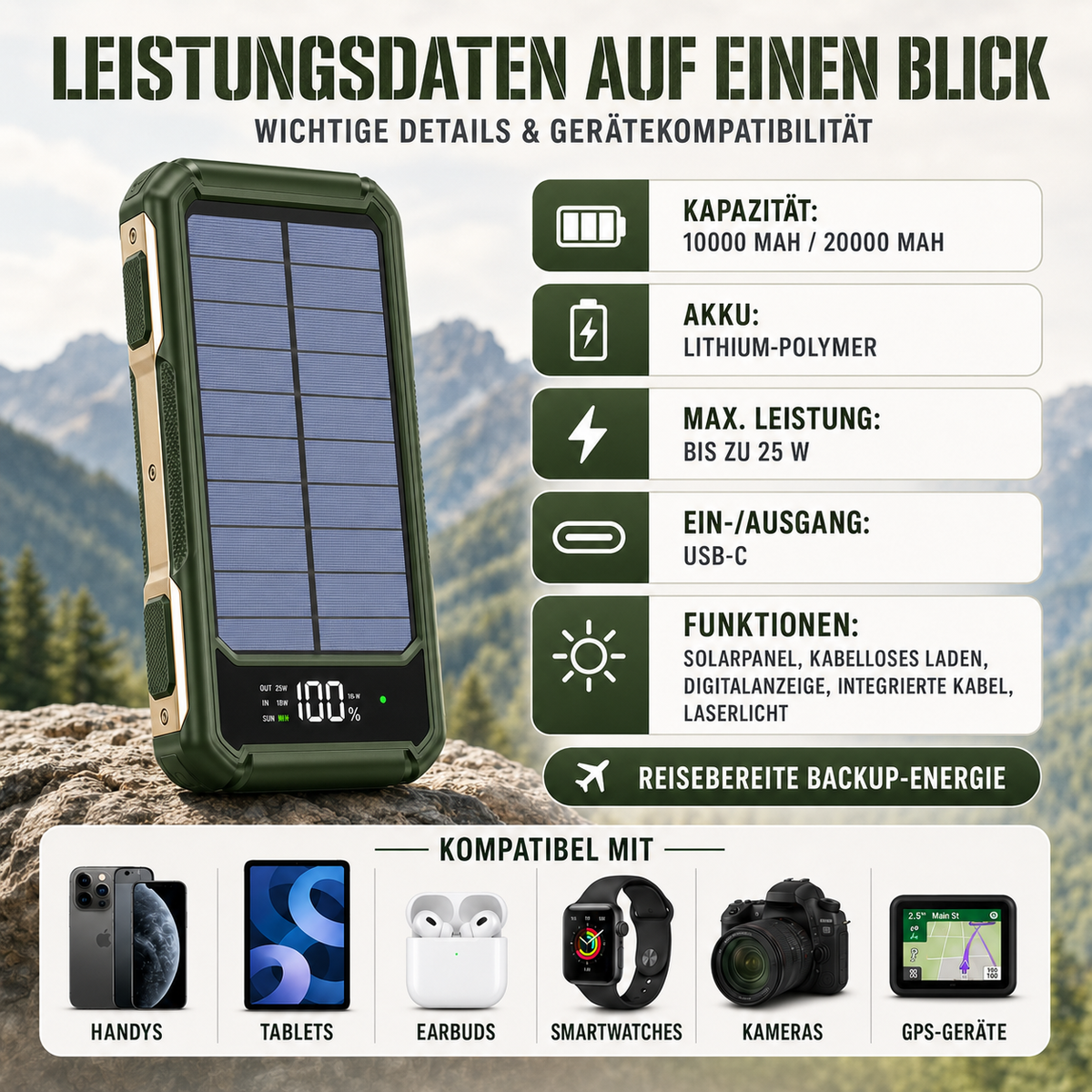 Batterie externe solaire 10 000-20 000 mAh avec câbles intégrés et charge sans fil pour iPhone et Android – Batterie portable avec écran LED et