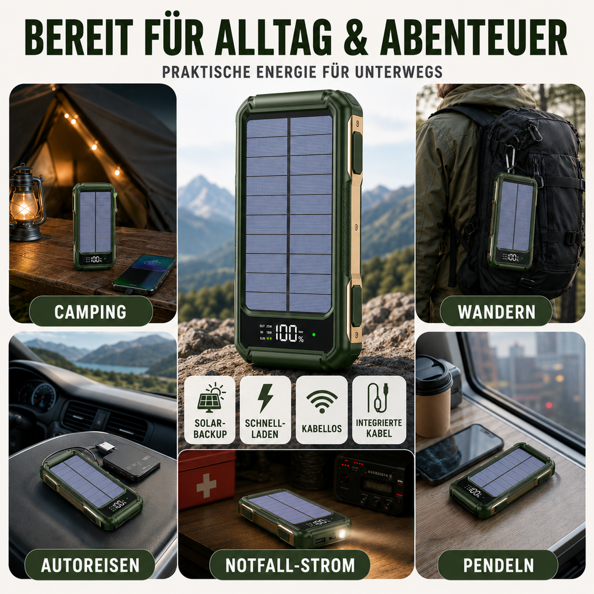 Batterie externe solaire 10 000-20 000 mAh avec câbles intégrés et charge sans fil pour iPhone et Android – Batterie portable avec écran LED et