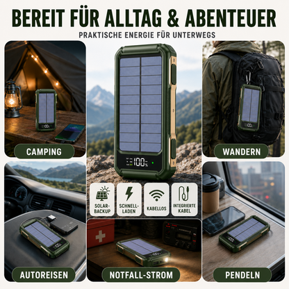 Batterie externe solaire 10 000-20 000 mAh avec câbles intégrés et charge sans fil pour iPhone et Android – Batterie portable avec écran LED et