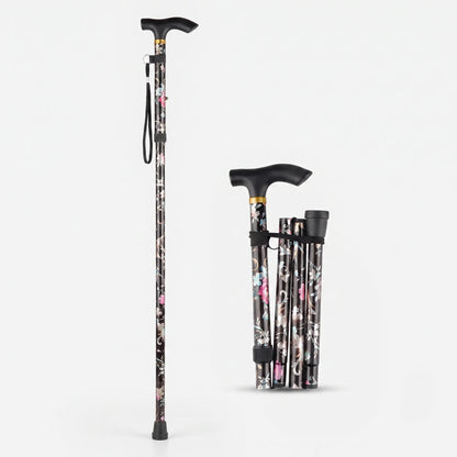 Adjustable Folding Cane with Floral Print & Lightweight Aluminum Frame for Travel